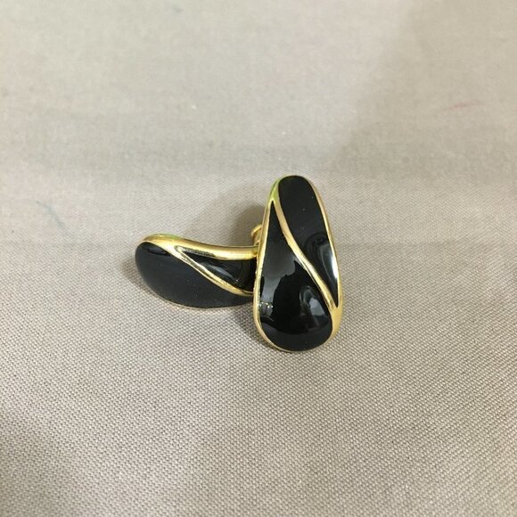 Vintage 70s/80s Trifari Black Enamel and Gold Tone Pierced Earrings - Picture 1 of 2